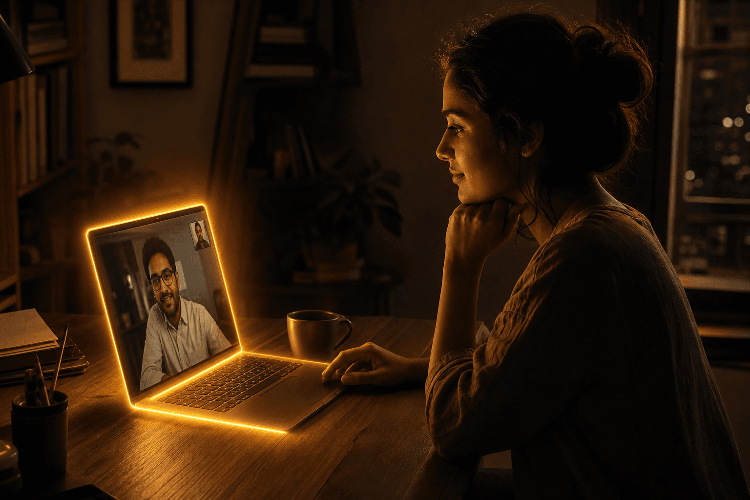 Laptop glowing around its display during a video call